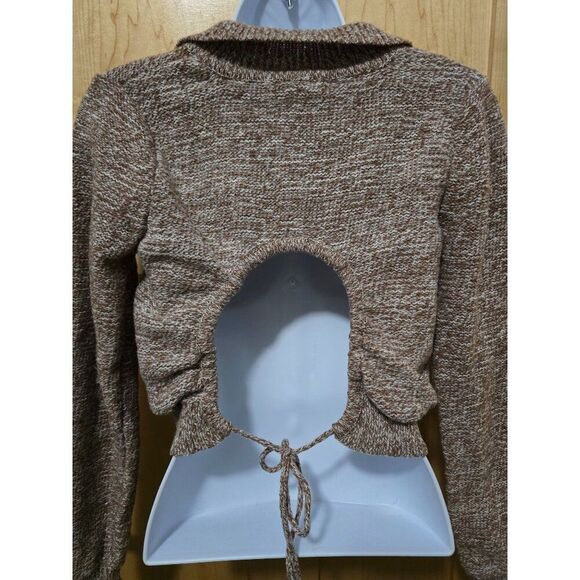 Madden NYC Brown/White Cropped Knit Long Sleeve Sweater Tie Back Detail Collared - Picture 4 of 7